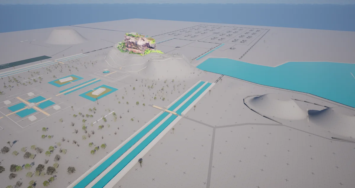 Early Rock Fortress environment blockout, showing the rock fortress, gardens and surrounding water channels.